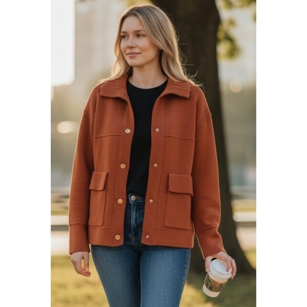 Tahari Womens Burnt Orange Knit Shirt Jacket Shacket Gold Snap Button Size M